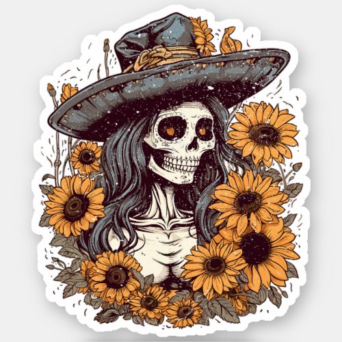 Western Cowgirl Skeleton Sunflowers Tattoo Art Sticker
