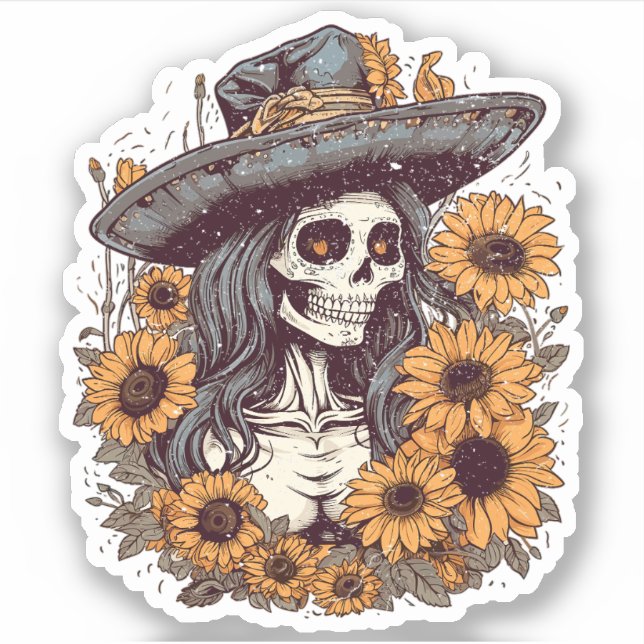 Western Cowgirl Skeleton Sunflowers Tattoo Art Sticker (Front)