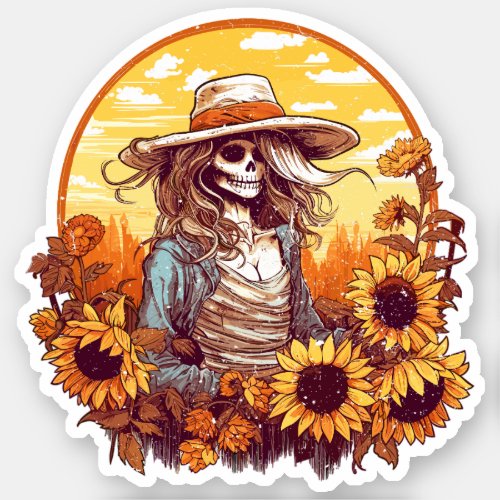 Western Cowgirl Skeleton With Fall Sunflowers Sticker