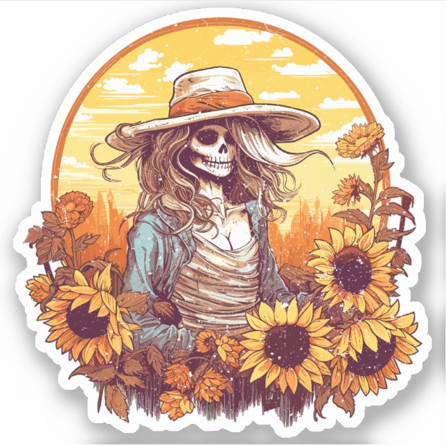 Western Cowgirl Skeleton With Fall Sunflowers Sticker (Front)