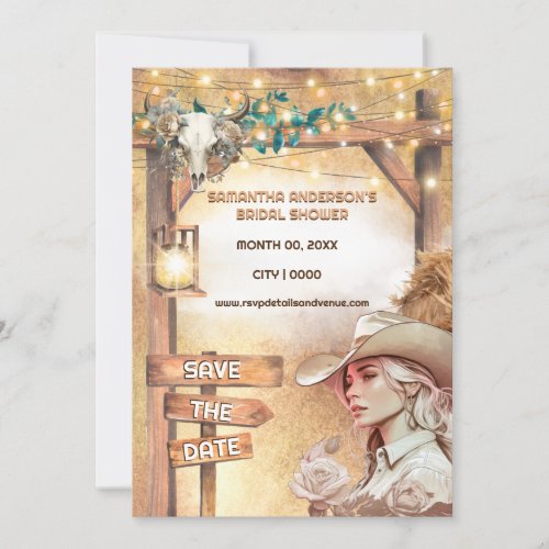 Western cowgirl watercolor barn lights bridal invitation