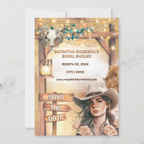Western cowgirl watercolor barn lights bridal invitation