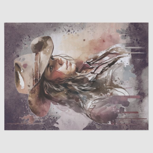 Western Cowgirl Watercolor Decoupage Tissue Paper (Front)