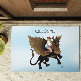 Western Cowgirl Winged Lion Griffon Fantasy Red Doormat