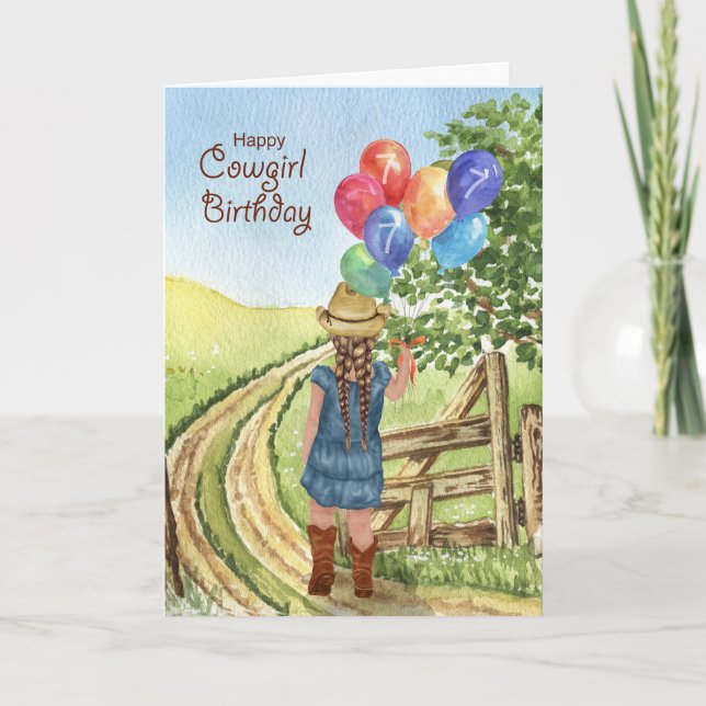 Western Cowgirl with Balloon Girl's 7th Birthday Card (Front)