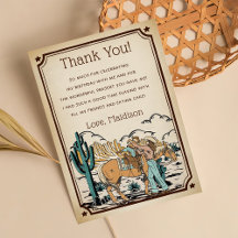 Western Cowgrirl Birthday Party Thank You Card