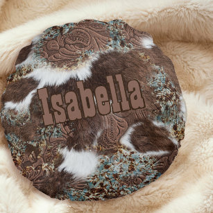 Western Cowhide Brown Leather Round Pillow