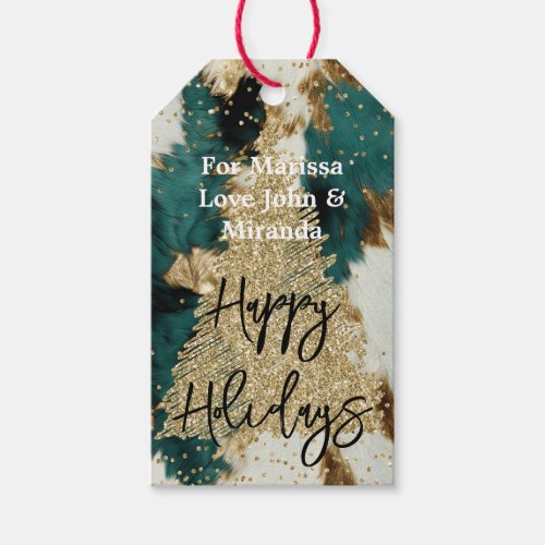 Western Cowhide Green Gold Glitter Tree Gift Tags