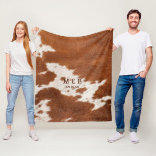 Western Cowhide Texture Wedding Couple Initials Fleece Blanket