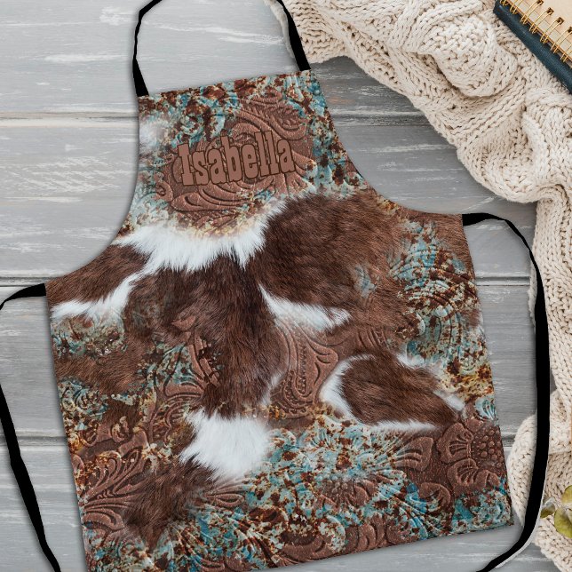 Western Cowhide Turquoise Brown Leather Name Apron (Creator Uploaded)