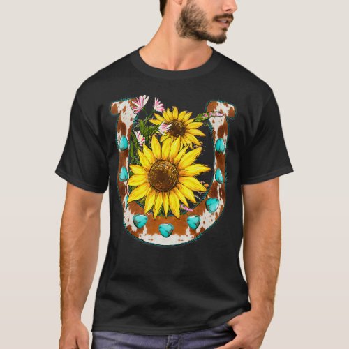 Western Cowhide Turquoise horseshoe Sunflower T_Shirt