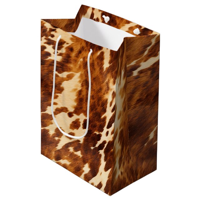 Western Cream Brown Cowhide Medium Gift Bag (Front Angled)