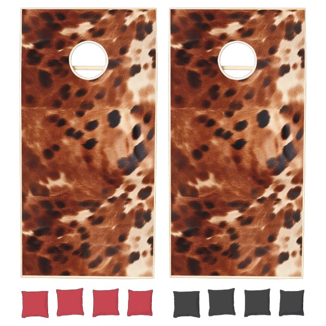 Western Cream Spotted Brown Black Cowhide  Cornhole Set (Set)