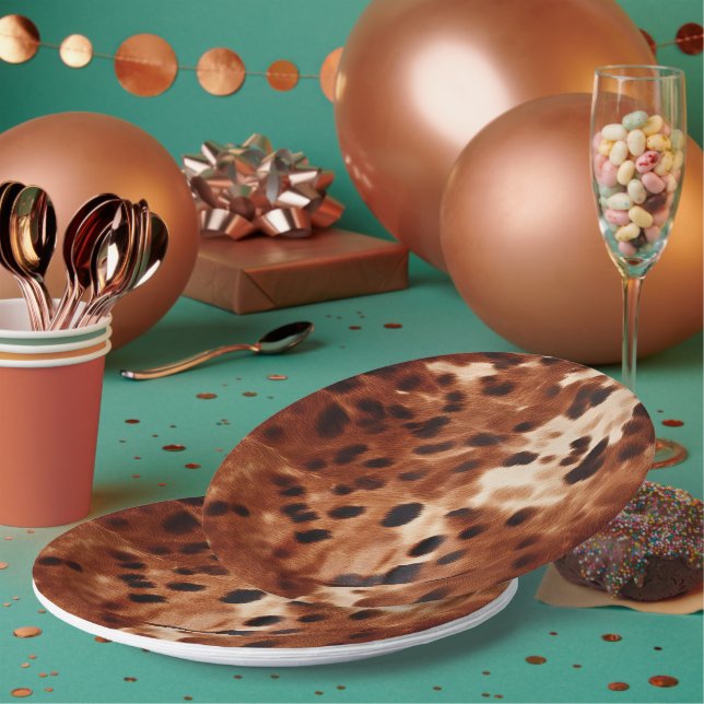 Western Cream Spotted Brown Black Cowhide Paper Plates (Multi)