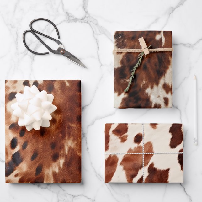 Western Cream Spotted Brown Black Cowhide  Wrapping Paper Sheets (Front)