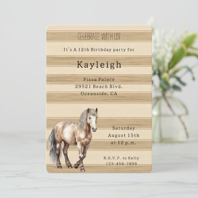 Western Cream Stripes Horse Birthday   Invitation (Standing Front)