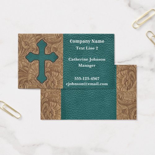 Western Cross And Faux Leather Print Business Card