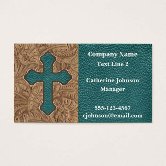 Western Cross And Faux Leather Print Business Card (Front)