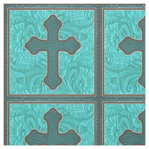 Western Cross Teal And Brown Faux Leather Fabric