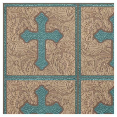 Western Cross Teal And Brown Faux Leather Fabric