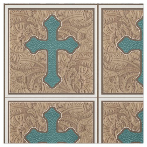 Western Cross Teal And Brown Faux Leather Fabric