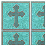 Western Cross Teal And Brown Faux Leather Fabric