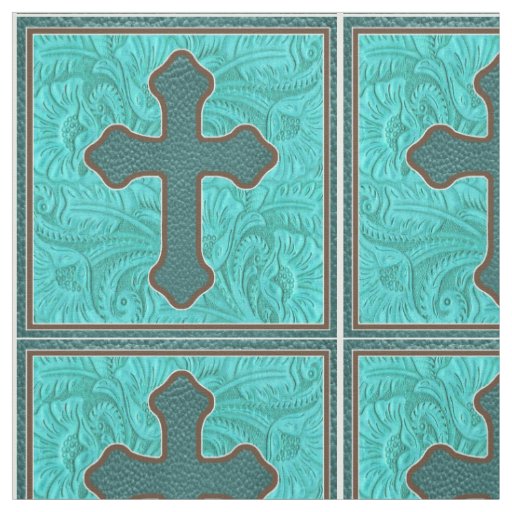 Western Cross Teal And Brown Faux Leather Fabric