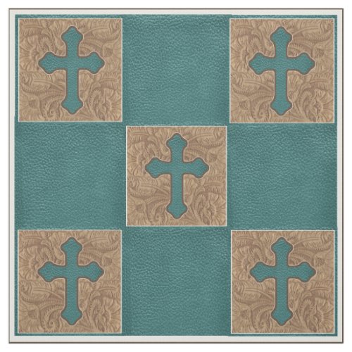 Western Cross Teal  Brown Faux Leather Fabric 9