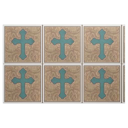 Western Cross Teal / Brown Faux Leather Fabric 9"
