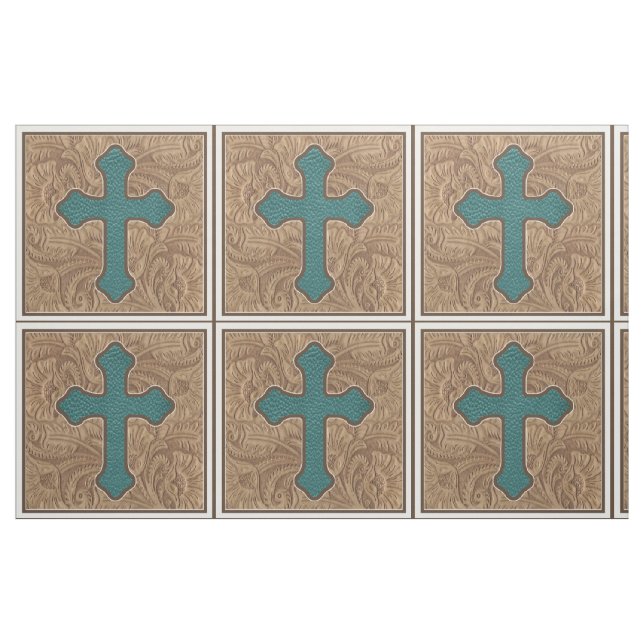 Western Cross Teal / Brown Faux Leather Fabric 9" (Fat Quarter)