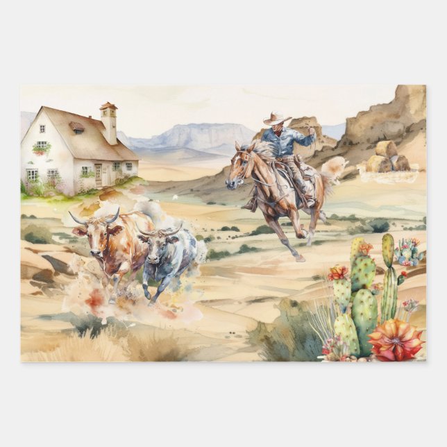 Western decoupage - cowboy outride country desert wrapping paper sheets (Front)