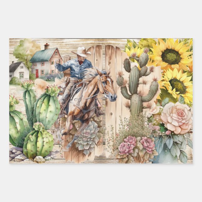 Western decoupage - cowboy sunflower rustic ranch wrapping paper sheets (Front 3)