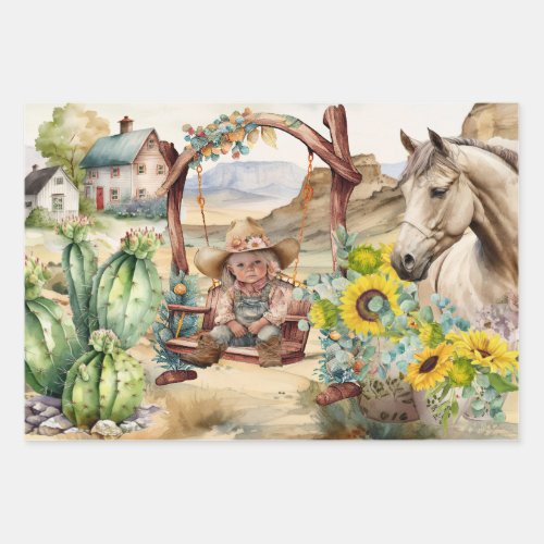 Western decoupage _ cute cowgirl on country swing wrapping paper sheets