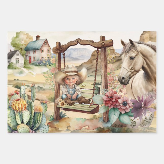 Western decoupage - little cowgirl on swing horse  wrapping paper sheets (Front)
