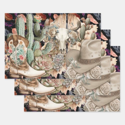 Western decoupage _ skull cowboy boots cactus wrapping paper sheets