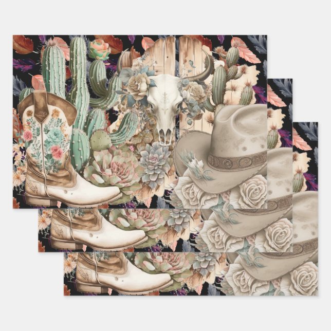 Western decoupage - skull cowboy boots cactus wrapping paper sheets (Set)