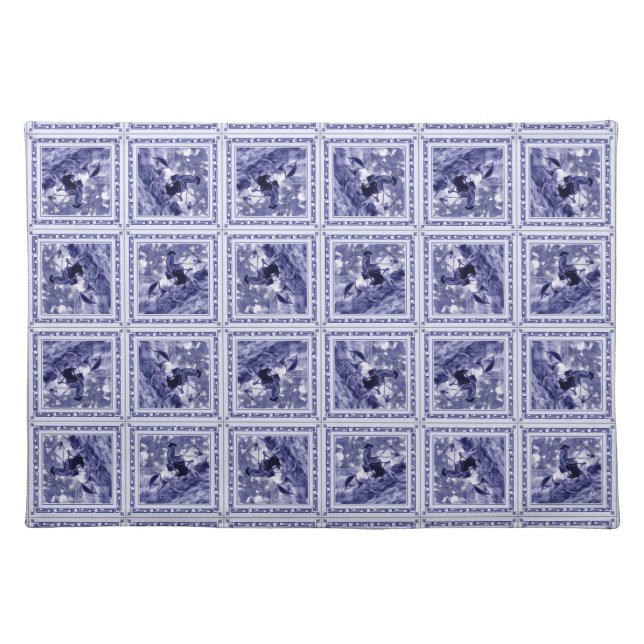 Western Denim Blue Delft Tile  Cloth Placemat (Front)