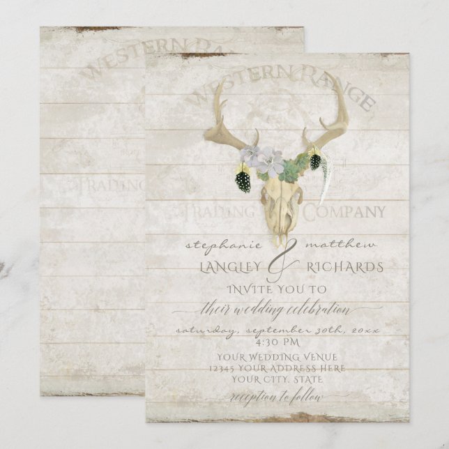 Western Desert Boho Bohemian Deer Antler Skull Art Invitation (Front/Back)