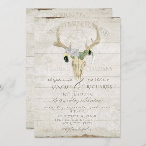 Western Desert Boho Bohemian Deer Antler Skull Art Invitation