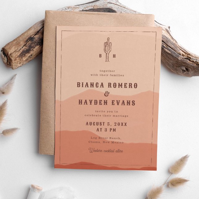 Western Desert Cactus Boho Western Wedding Invitation (burnt orange desert landscape wedding invitation with cactus illustration)