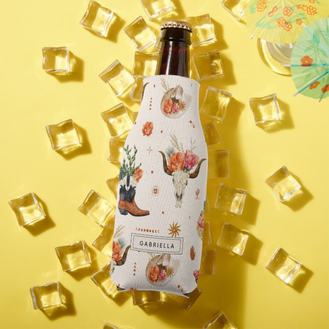 Western Desert Cactus Cowboy Hat Personalized Name Bottle Cooler (In Situ Summer)