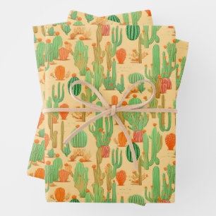 Western Desert Cactus Floral Bloom Pattern Wrapping Paper Sheets