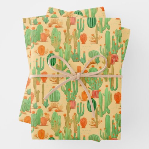 Western Desert Cactus Floral Bloom Pattern Wrapping Paper Sheets