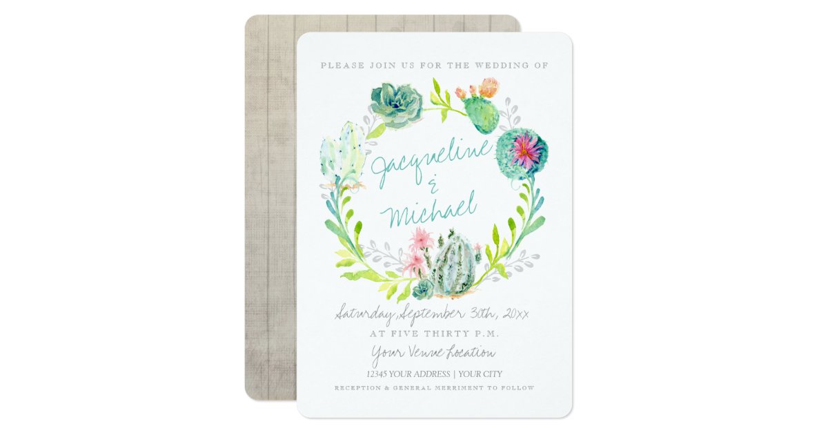 Western Desert Cactus Flower Wood Watercolor Art Invitation