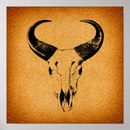 Western Desert Skull Bull Horns Vintage Western Poster