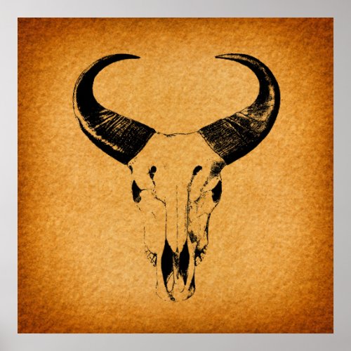 Western Desert Skull Bull Horns Vintage Western Poster
