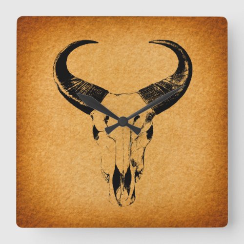 Western Desert Skull Bull Horns Vintage Western Square Wall Clock