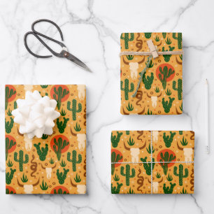 Western Desert Skulls Cactus Snakes Rustic Pattern Wrapping Paper Sheets