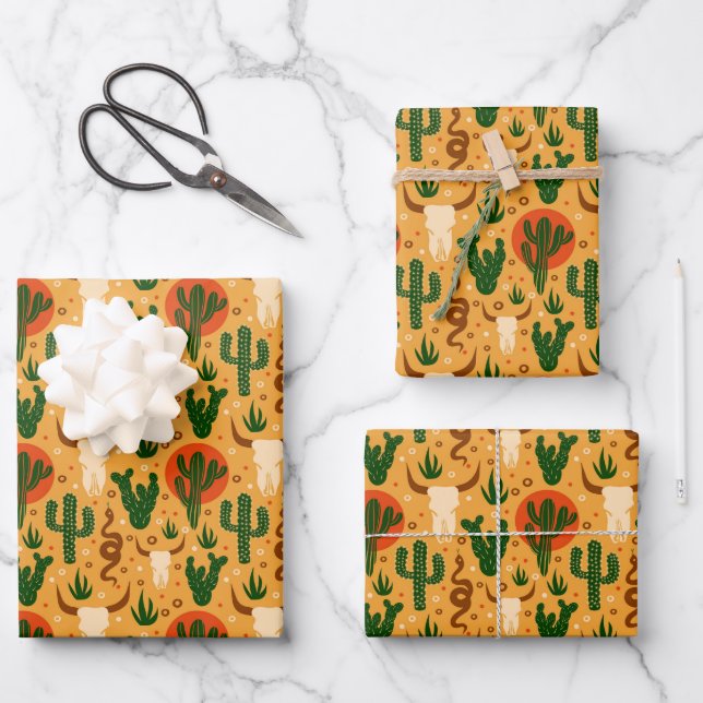 Western Desert Skulls Cactus Snakes Rustic Pattern Wrapping Paper Sheets (Front)