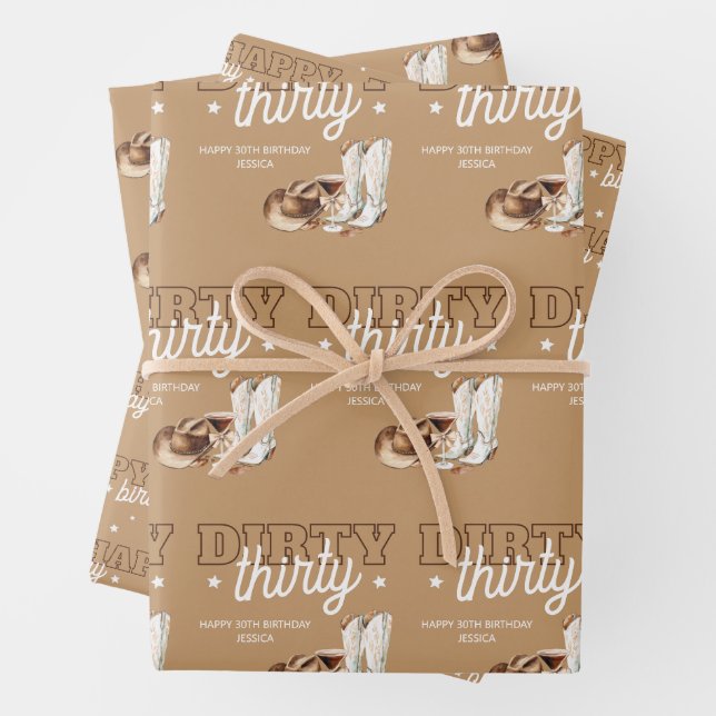 Western Dirty Thirty Cowgirl 30th Birthday Party Wrapping Paper Sheets (In situ)